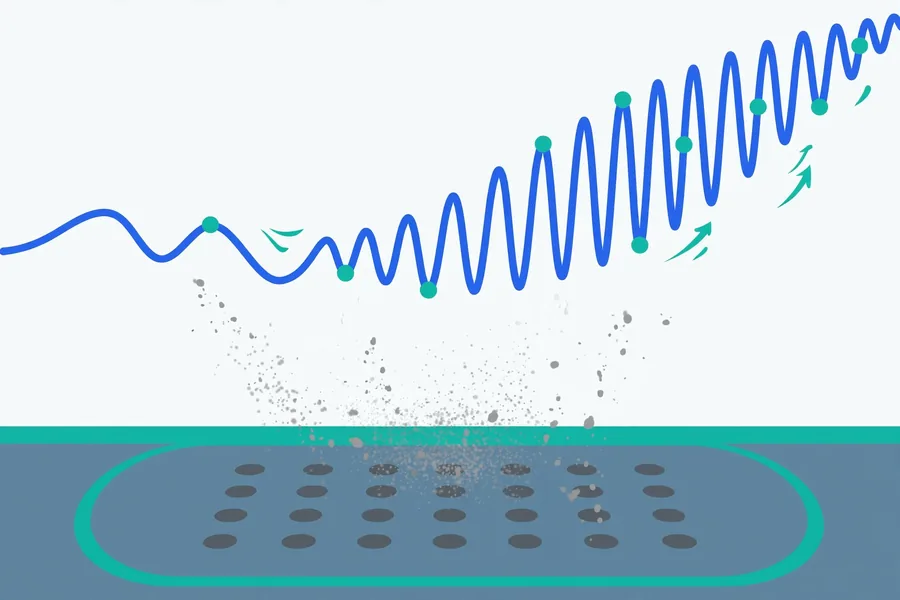 Diagram showing a frequency sweep shaking dust particles loose from a phone speaker grille